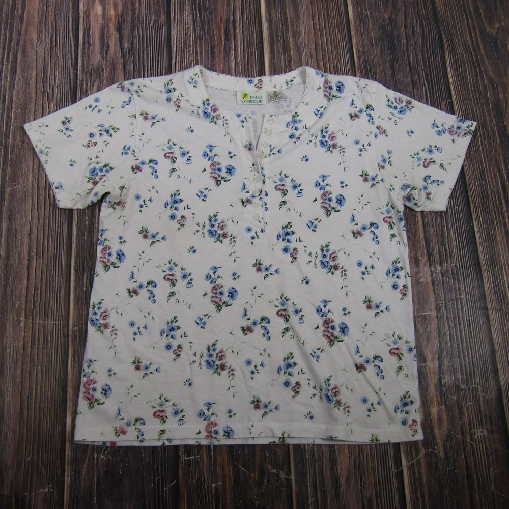 Palm Harbour Womens Medium White Floral Henley T Shirt Short Sleeve Granny Core